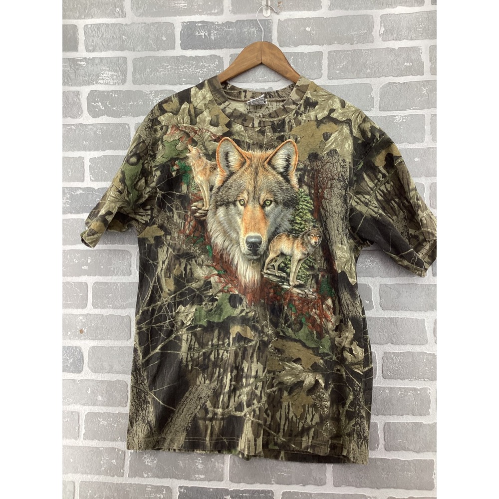 Vintage Sportex Mossy Oak Wolf Camo T-Shirt XL Made in USA Nature Graphic Tee
